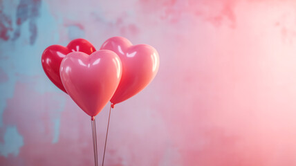 Heart-shaped balloons in romantic pink and red background