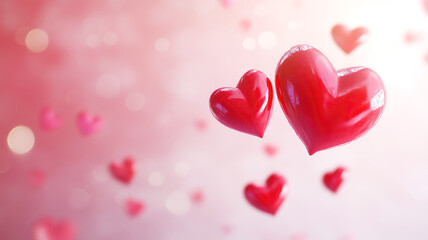 Floating red hearts on soft pink bokeh background