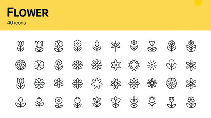 A Collection of 40 Minimalist Line Art Icons Representing Various Flowers and Floral Designs