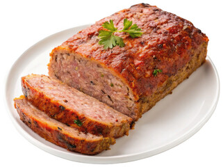 A rustic, savory, and generously sized loaf of homemade meatloaf, baked to a golden-brown crust with visible herbs and spices, presented partially sliced on a, isolated on transparent background.