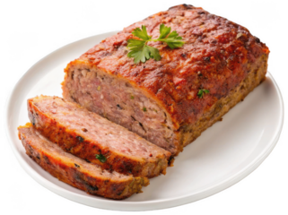 A rustic, savory, and generously sized loaf of homemade meatloaf, baked to a golden-brown crust with visible herbs and spices, presented partially sliced on a, isolated on transparent background.