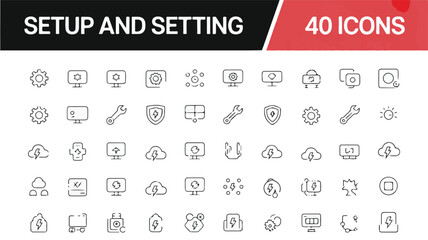 A Collection of 40 Minimalist Line Art Icons Representing Setup and Settings Concepts for Digital Use