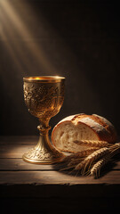 Golden chalice and bread for holy communion. Vertical still life representing the Eucharist and the Last Supper. Christian religious sacrament concept.
