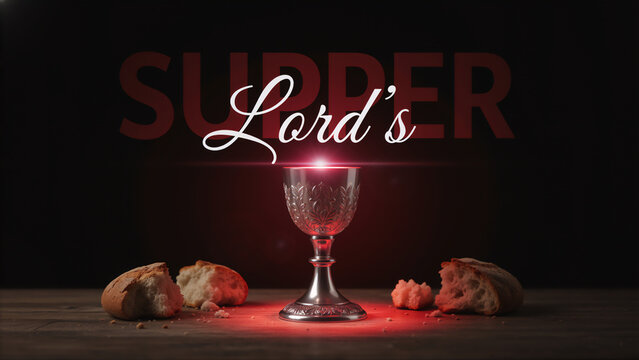 The Lord's Supper with a chalice and broken bread. A Christian symbol of holy communion and the Eucharist on a dark background with text