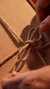 A person is tying a bow on a brown box. The box is wrapped in brown paper and has a label on it. The person is using a brown string to tie the bow