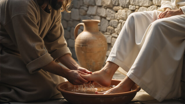 Jesus Christ kneeling to wash the feet of a disciple. Biblical scene representing humility, love, and service