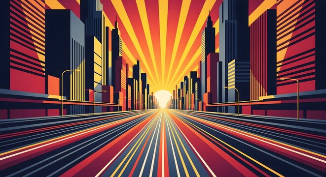 Retro pop art city street view with vanishing point and sun rays suitable for comic book backgrounds and urban transport energy concepts.