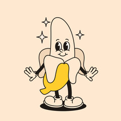 Cute banana mascot character in retro groovy style. Flat vector illustration.