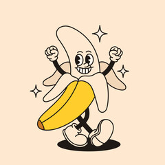 Banana mascot character in retro groovy style. Flat vector illustration.