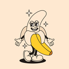 Banana mascot character in retro groovy style. Flat vector illustration.