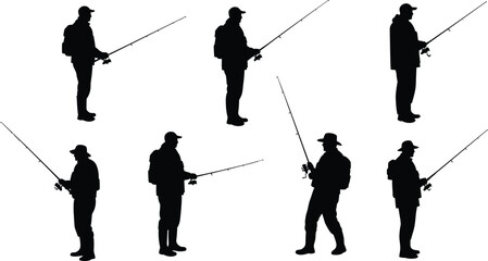Obraz premium Fishing, silhouette, men, rods, outdoor, sport, hobby, black, pose, backpack, hat, casting, standing, minimal, nature, recreation, stylized, activity, gear, illustration