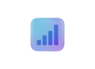 Frosted blue purple glassmorphism financial chart icon floating isolated on a clean white background for modern app UI design with soft light reflections.