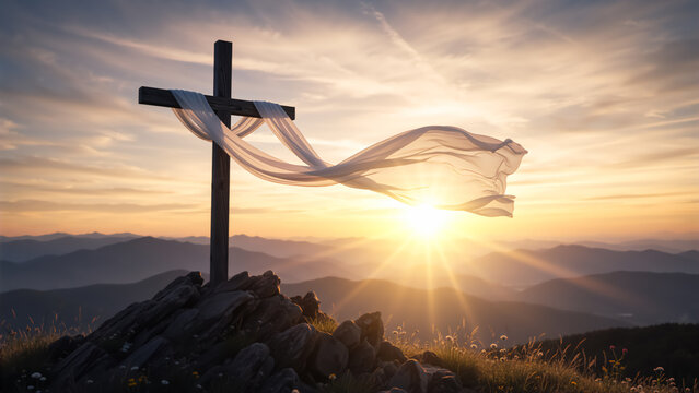 Empty cross with a white cloth on a mountain at sunrise. Christian symbol of resurrection and faith. Easter holiday concept