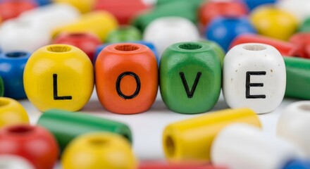 Colorful wooden beads with letters spelling word love close up suitable for romantic valentine day messages and relationship concepts.