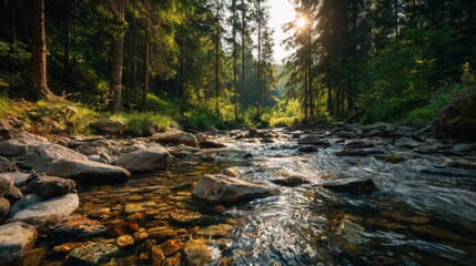 Serene forest creek with clear water flowing over rocks under golden morning sunlight