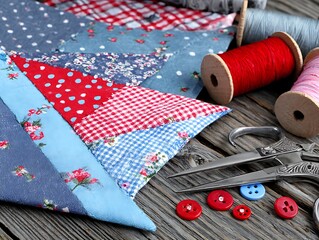 Colorful patchwork with thread spools, scissors, and buttons on a rustic wooden surface