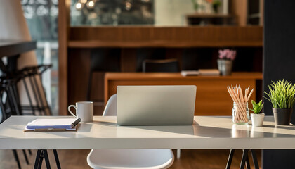 Bright modern office setup with a silver laptop open on a white desk, ready for productivity