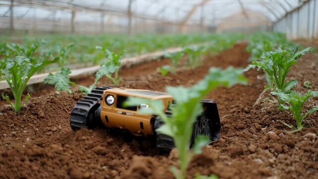 Solarpowered robotic weeding device captured in action within a greenhouse environment systematically eradicating weeds to support organic ecofriendly crop cultivation.