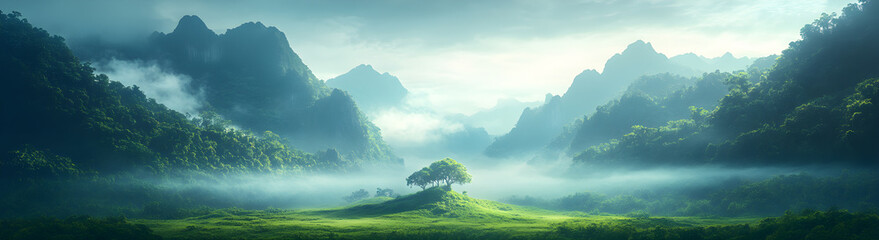 A natural landscape featuring a small hill in the center covered in trees, surrounded by lush, tree-covered mountains.