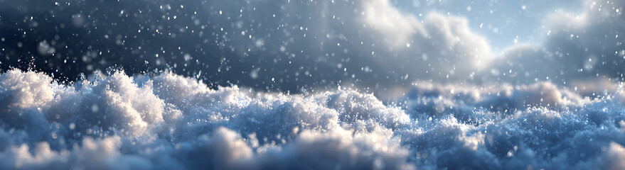 The surface of fluffy snow, with falling snow and the morning sunlight.