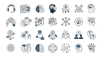 Set of sleek modern line icons representing concepts like psychology, communication, technology, and business strategies