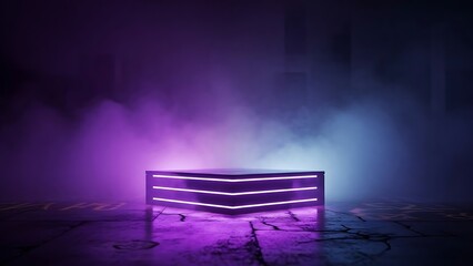 A futuristic purple lit led display in a dark room with smoke