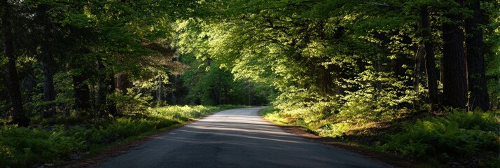 Sunlit forest pathway in lush greenery under arched tree canopy