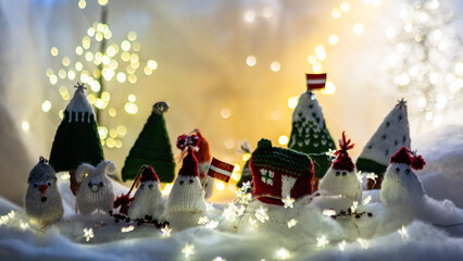 Christmas decorations from various knitted items, gnomes, snowmen, trees and houses, beautiful card, festive mood
