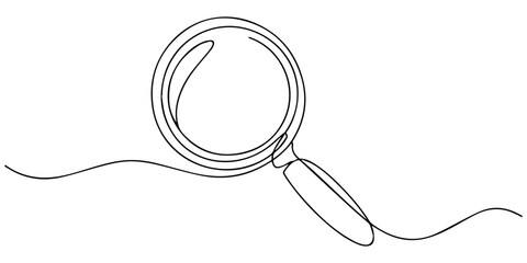 Continuous one line drawing magnifying glass Editable stroke, One line drawing of a magnifying glass connected to a continuous wavy path, symbolizing search, discovery, and detailed analysis. Vector