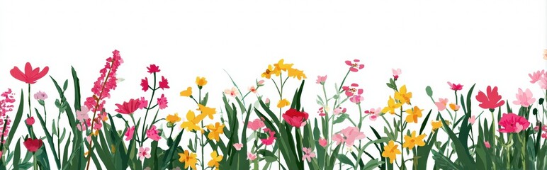 Colorful wildflower border with vibrant spring blossoms against white background