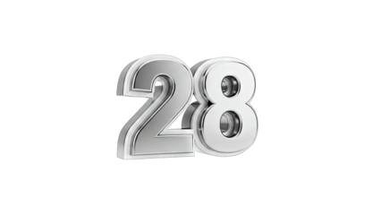 Shiny Silver Number 28 Isolated on White Background