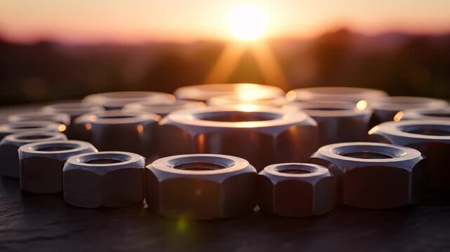 A group of metal nuts is arranged on a workbench, illuminated by the warm glow of the setting sun. The metal nuts shine brightly, creating an industrial and creative atmosphere.
