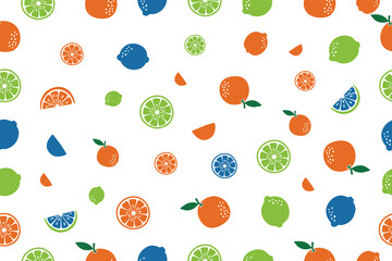 Seamless pattern of abstract citrus fruits with orange lemon and lime slices on white background