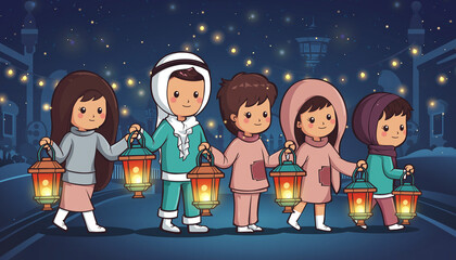 Diverse group of children in traditional attire hold glowing lanterns while walking together at night.