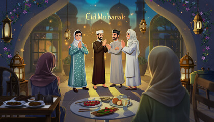 Muslim family celebrates Eid al-Fitr with traditional greetings and festive decorations in a warmly lit home.