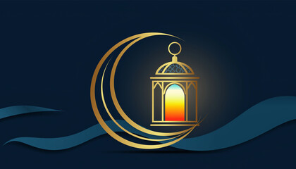 A glowing Ramadan lantern rests elegantly on a crescent moon against a deep blue background with subtle wavy patterns.