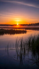 Obraz premium Marshland at sunrise with orange reflections on still water 