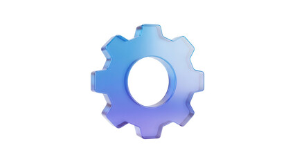 Frosted blue purple glassmorphism settings gear icon floating isolated on a clean white background for modern app UI design with soft light reflections.