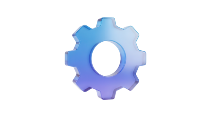 Frosted blue purple glassmorphism settings gear icon floating isolated on a clean white background for modern app UI design with soft light reflections.