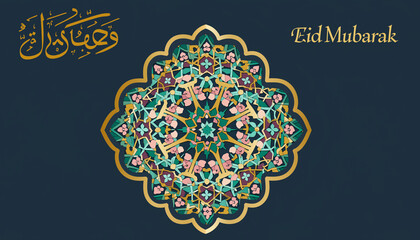 Elegant Eid Mubarak greeting with intricate Arabic calligraphy and a beautiful mandala design on a dark background.