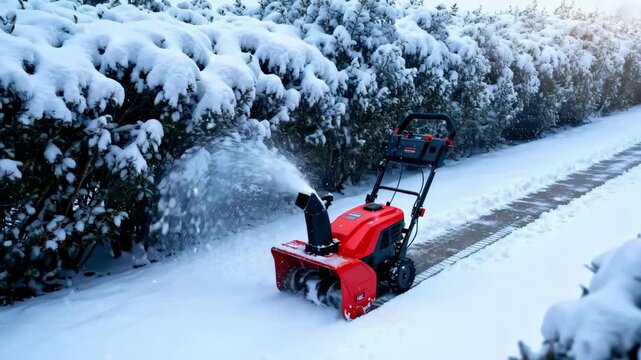Medium shot of a compact electric snowblower being operated on a narrow path surrounded by snowcovered shrubs.