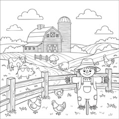 Fototapeta premium Farm Scene Coloring Illustration with Animals and Barn