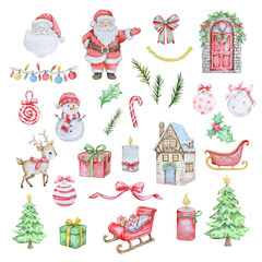 Fototapeta premium Watercolor Christmas cute set, winter illustration for holiday design.
