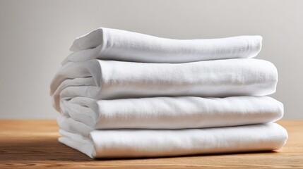 Stack of neatly folded clean white linen bed sheets on a wooden table