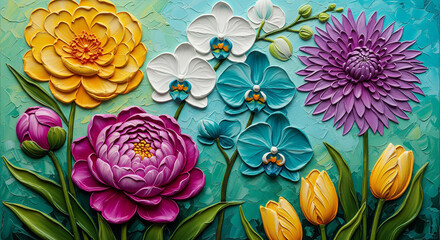 Obraz premium Textured oil painting of vibrant colorful flowers bouquet 3D Wall Mural. floral landscapes. 3d floral art, floral wallpaper, Luxurious textile tile wall art 
