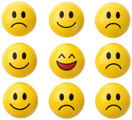 Bright yellow, three-dimensional rubber emoji faces with varying expressions&mdash;sad, smiling, and laughing&mdash;are arranged in a 3x3 grid against a , showcasing a, isolated on transparent background.