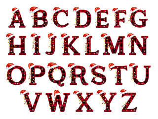 Red Plaid Christmas Alphabet with Santa Hat for holiday design.