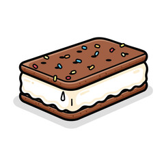 An illustrated ice cream sandwich, chocolate cookies, with sprinkles and white ice cream