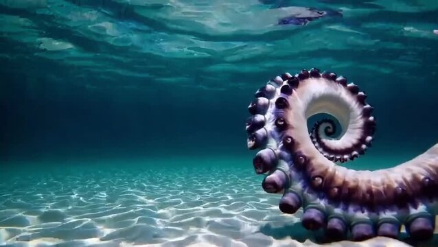 Close-up of a curling octopus tentacle with suckers, underwater scene with sandy seabed and sunlit