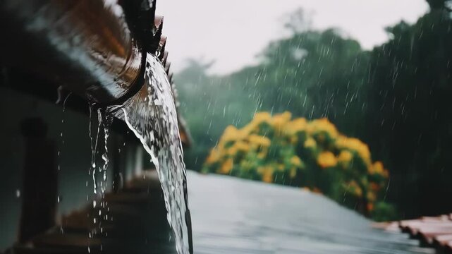 Medium shot of rainwater flowing through gutters on a rooftop showcasing efficient water collection during a rainy day
